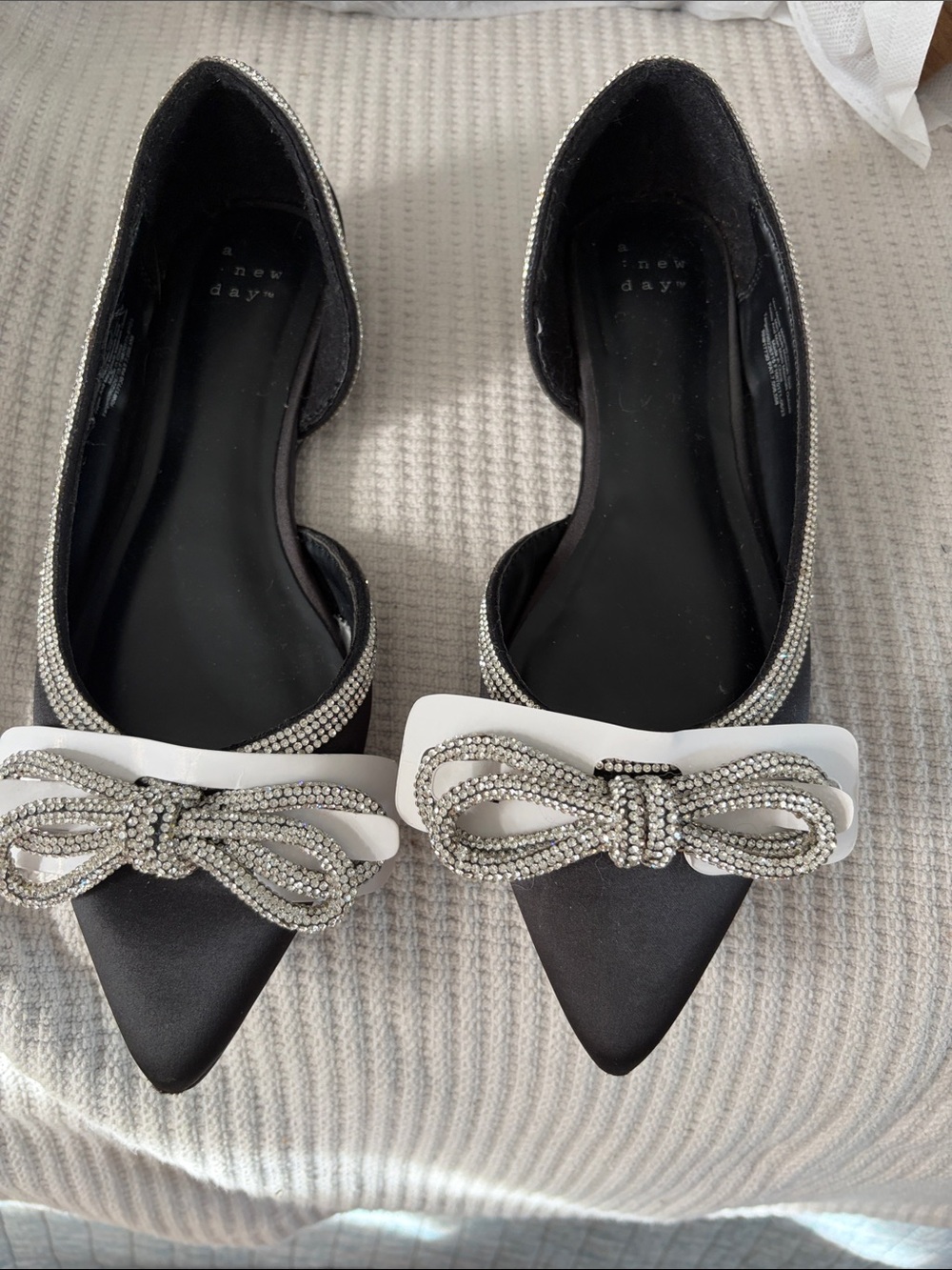 a new day Black Satin Pointed Toe Flats with Crystal Bow Trim